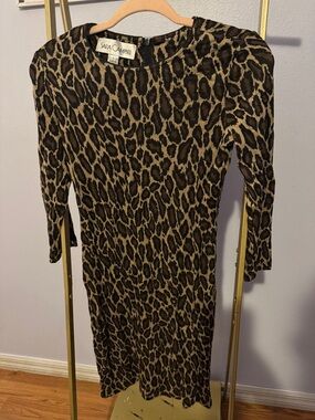 Sara Campbell Leopard-Pattern Long Sleeve Midi Dress in Brown and Black